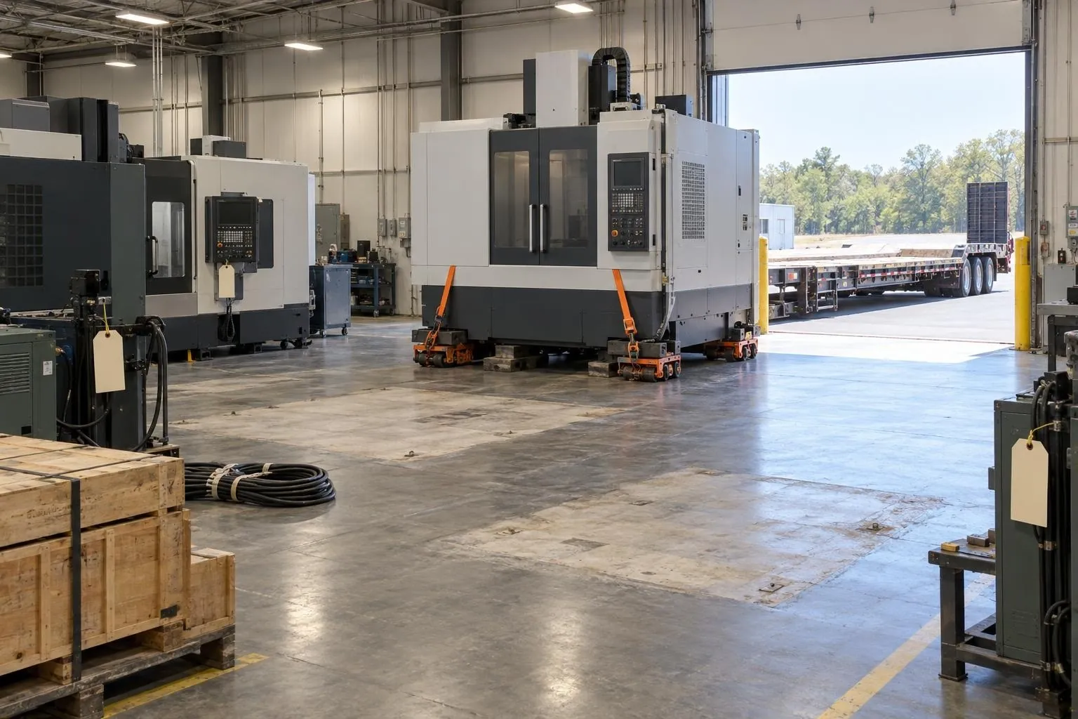 3D illustration: CNC machining centre on machinery skates heading to the loading dock after a plant auction