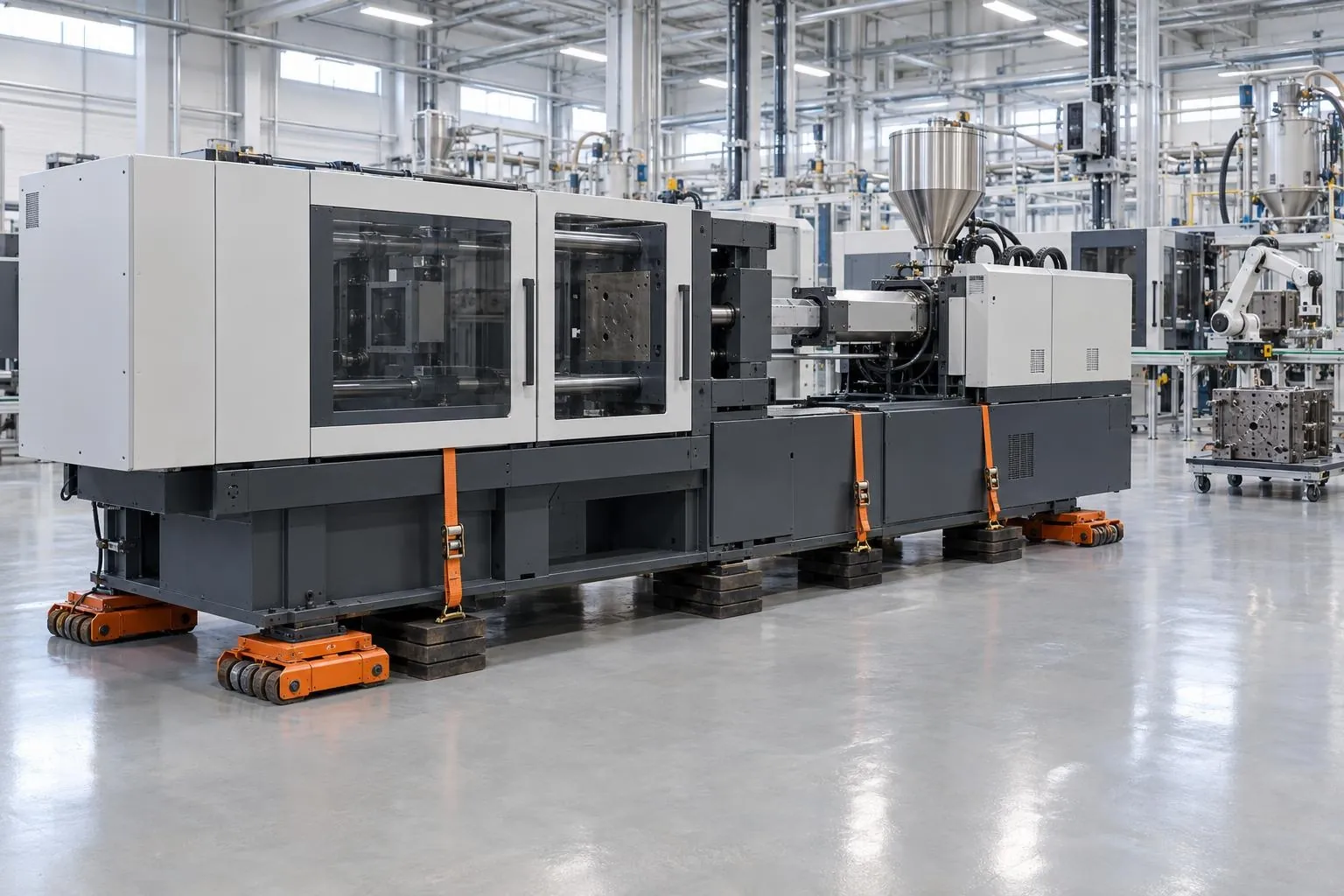 3D illustration: injection moulding machine on machinery skates in a plastics plant