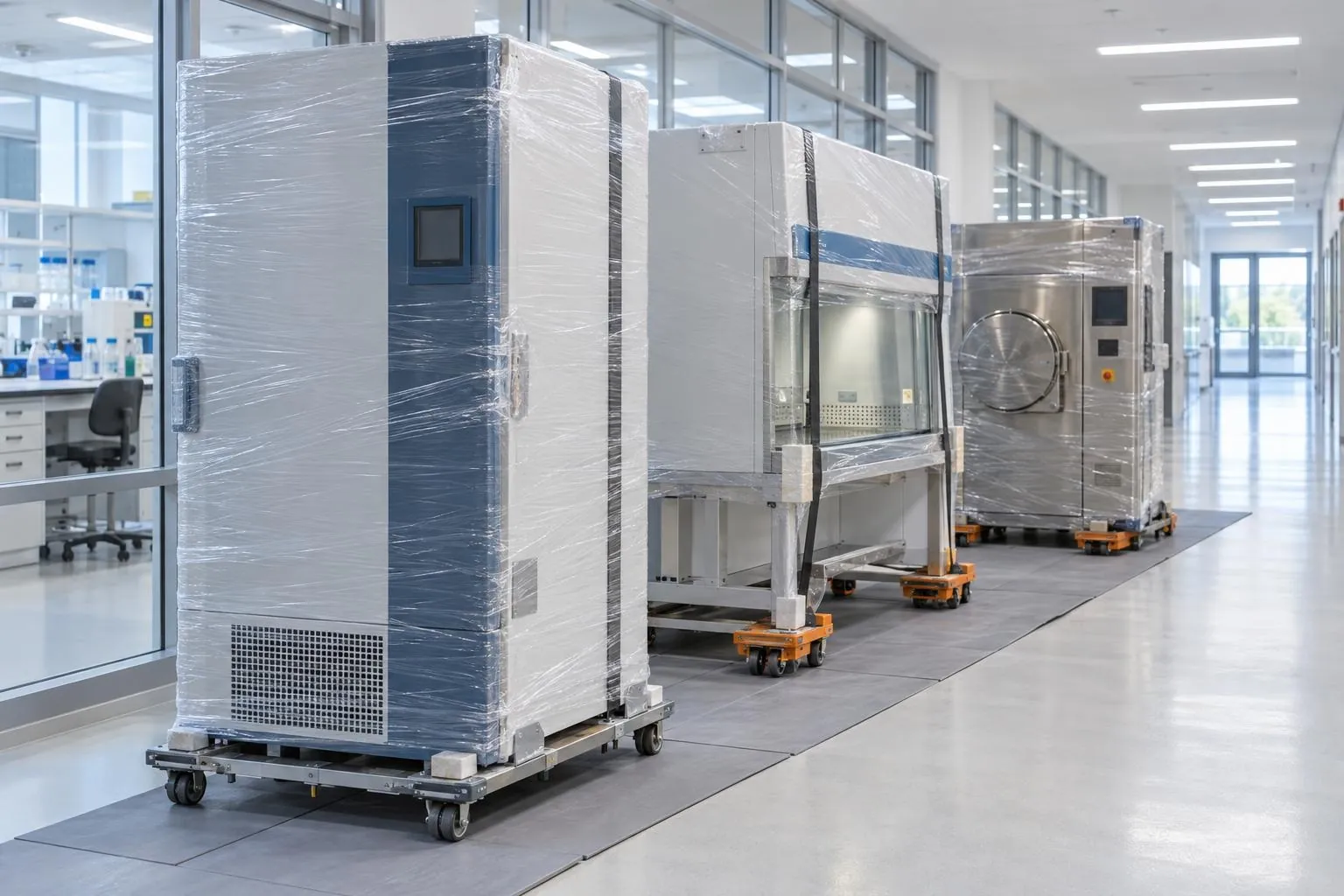3D illustration: wrapped ultra-low freezer, biosafety cabinet and sterilizer on dollies and skates, ready to move