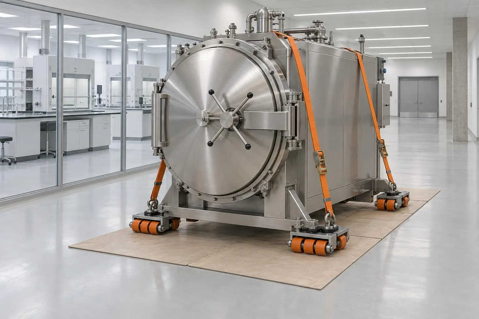 3D illustration: laboratory steam sterilizer on machinery skates