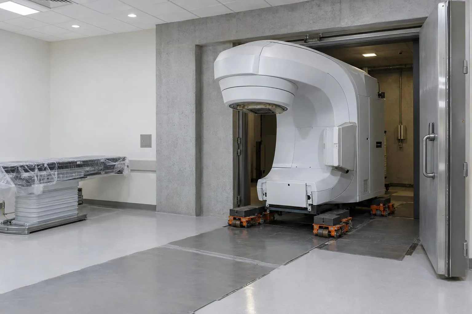 3D illustration: linear accelerator (LINAC) on machinery skates at the door of a radiotherapy vault