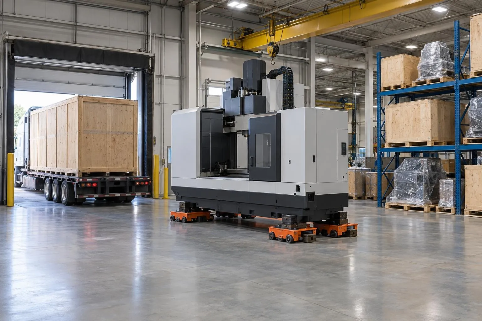 3D illustration: new machine tool uncrated on machinery skates in a receiving warehouse