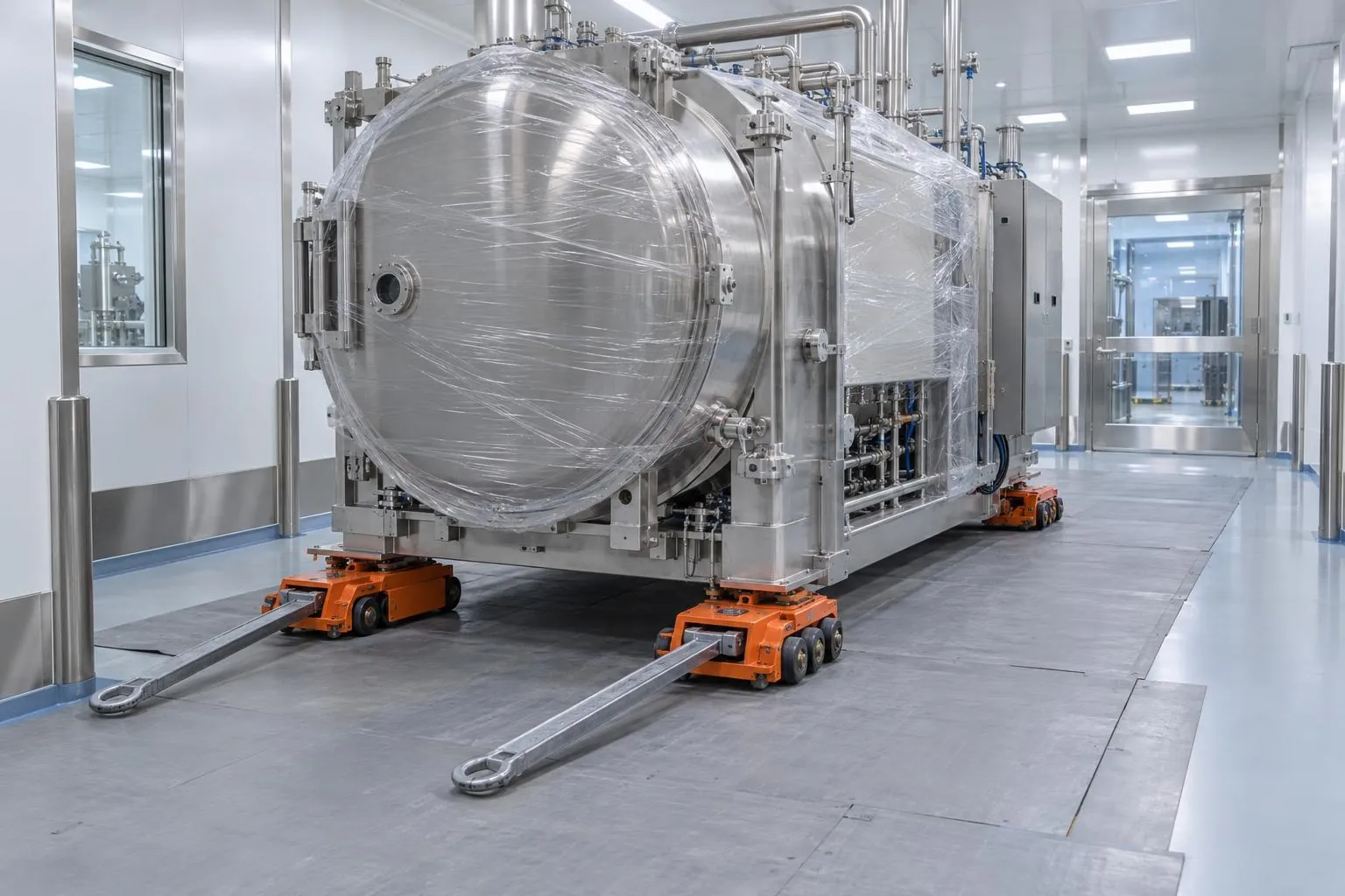 3D illustration: production freeze dryer module on machinery skates in a pharmaceutical cleanroom corridor
