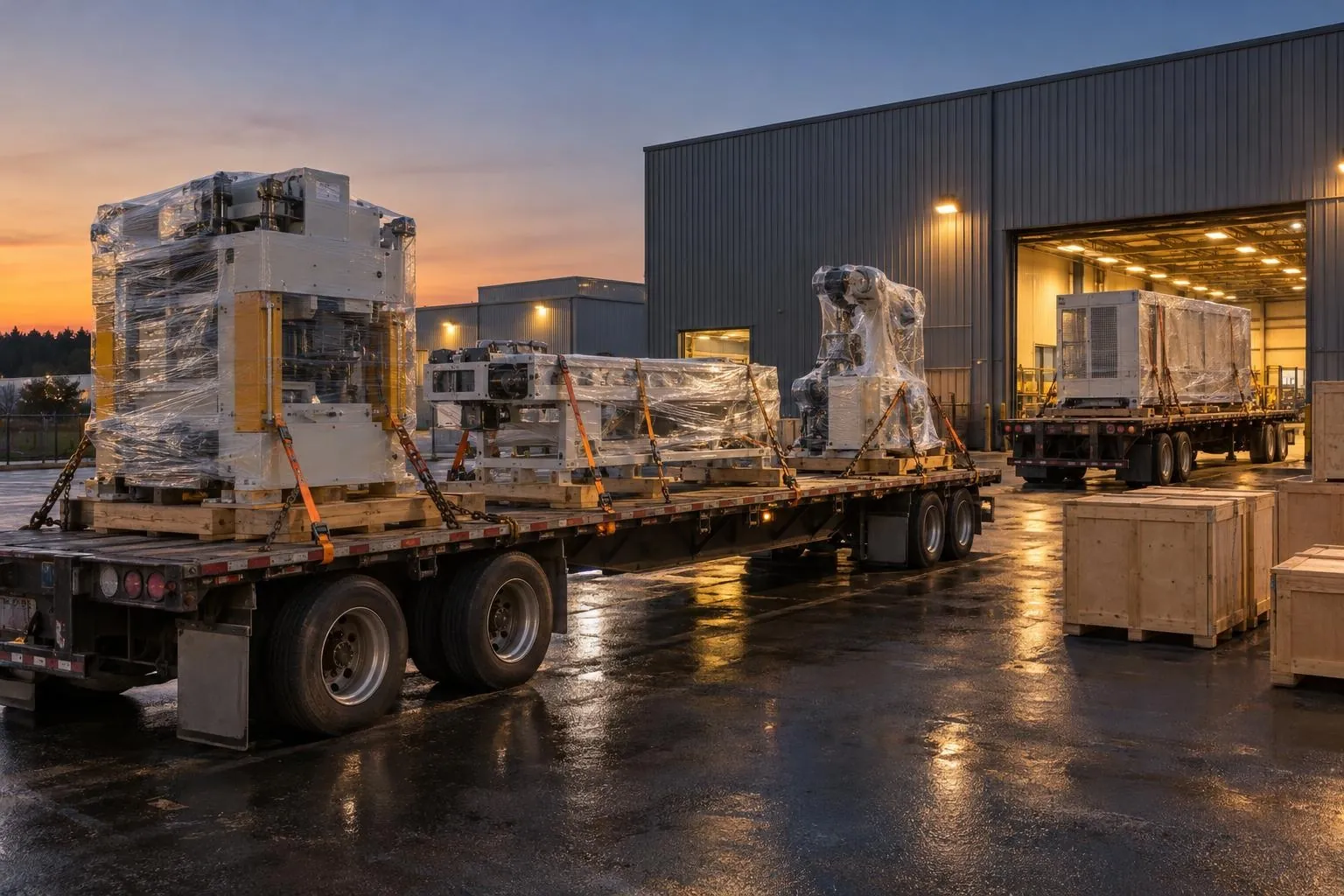 3D illustration: production-line machines wrapped and secured on flatbed trailers at a plant loading area