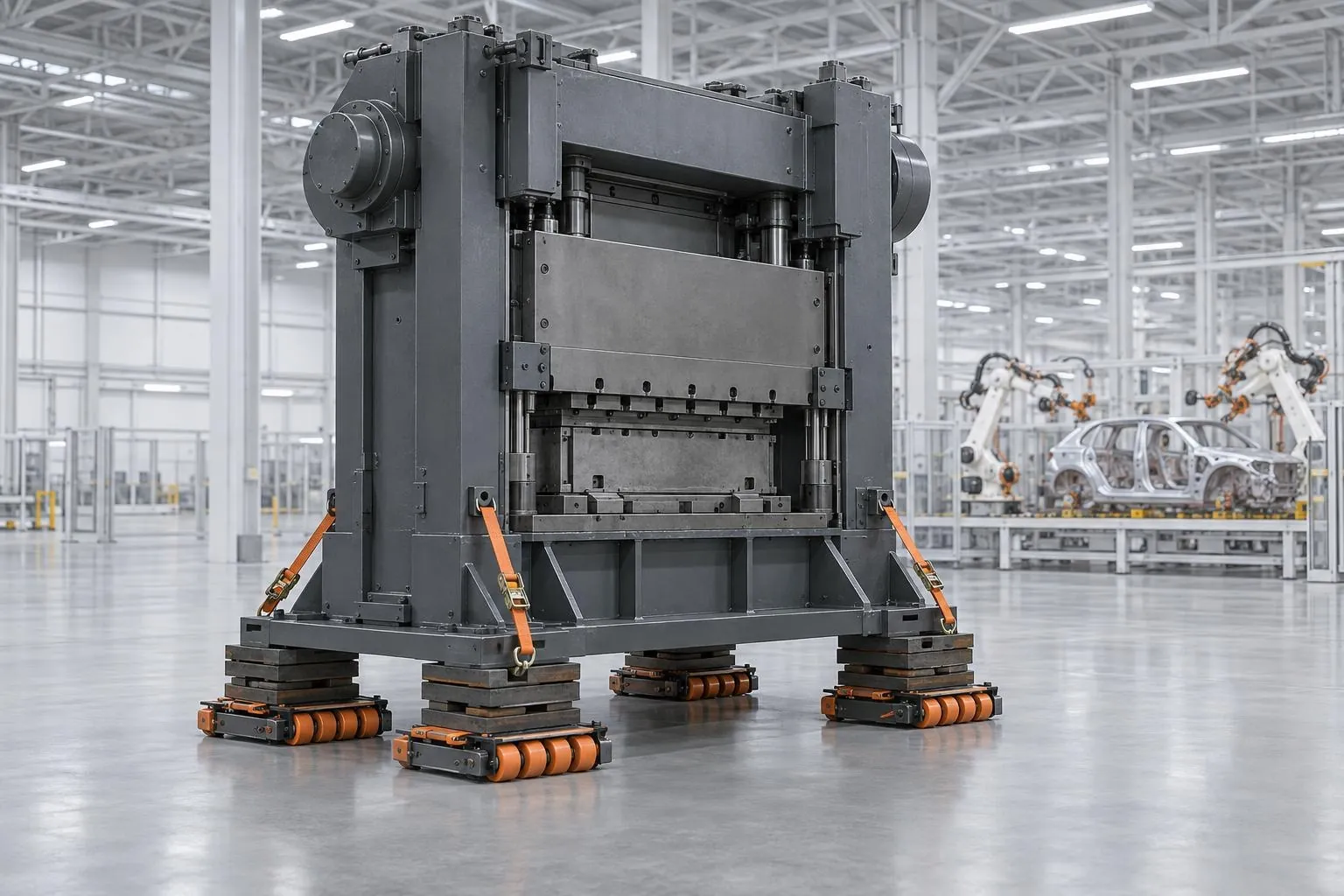 3D illustration: stamping press on machinery skates in a car-body plant